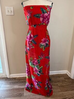 Strapless Red Floral Maxi Dress Size Large